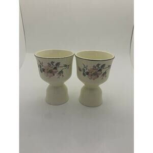 Set of 2 Vintage Cream Colored Egg Cups w/ Silver Rim & Pink Floral Design